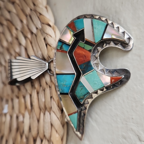 Vintage Native American Navajo Vintage Inlaid Bear Pendant by Danny Clark 💙🐻 - Picture 9 of 13